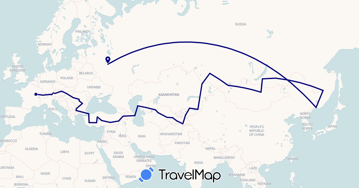 TravelMap itinerary: driving, motorbike in Armenia, Austria, Azerbaijan, Bulgaria, Switzerland, France, Hungary, Kyrgyzstan, Kazakhstan, Mongolia, Romania, Russia, Slovakia, Tajikistan, Turkmenistan, Turkey, Uzbekistan (Asia, Europe)