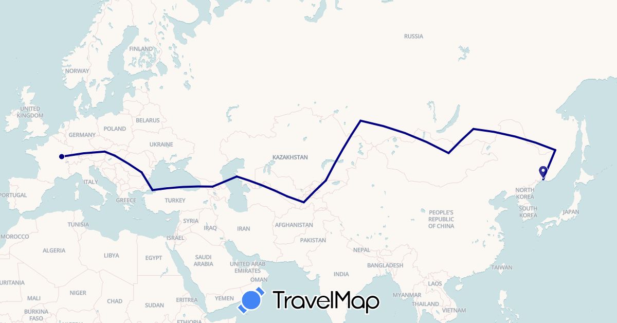 TravelMap itinerary: driving in Austria, France, Georgia, Hungary, Kyrgyzstan, Kazakhstan, Mongolia, Romania, Russia, Tajikistan, Turkey, Uzbekistan (Asia, Europe)